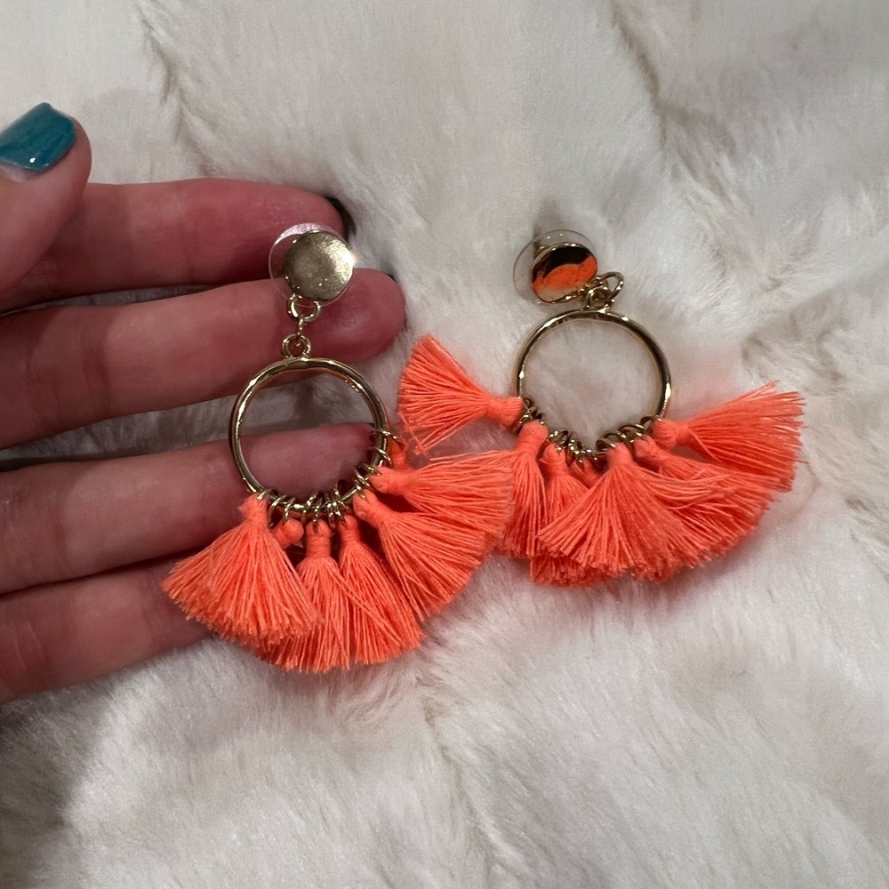 Electric orange fringe hoop earrings